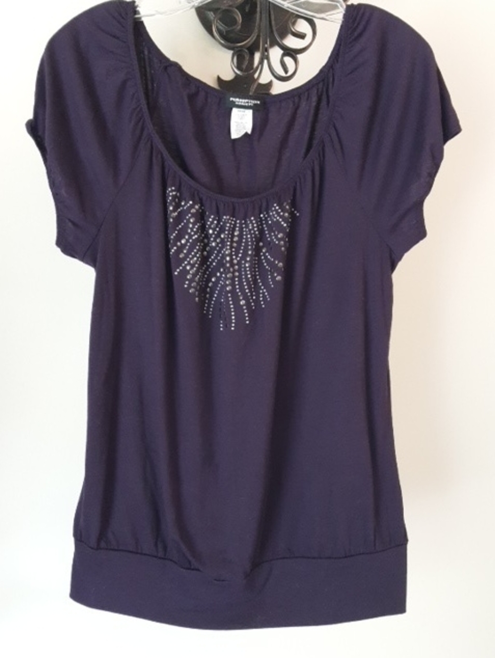 Purple Short Sleeve Scoop Neck Top with Rhinestone Accent